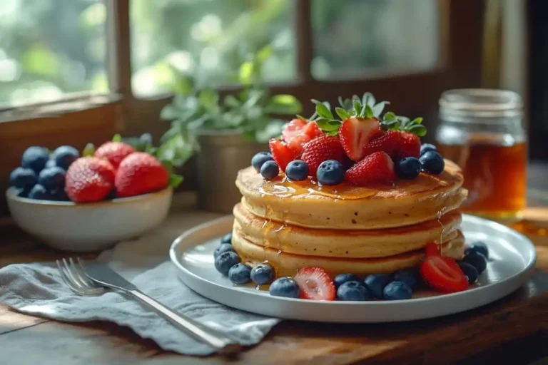 Ein Stapel goldbrauner Pfannkuchen vegan, dekoriert mit Beeren und Ahornsirup.