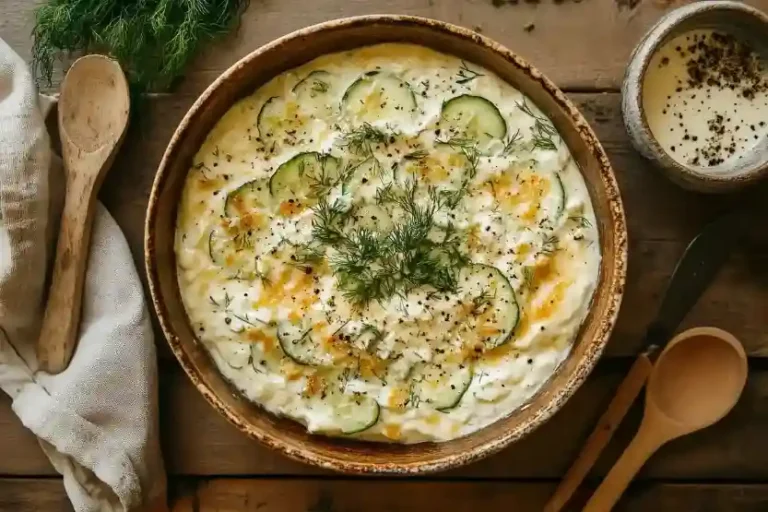 Frischer Gurken Sahne Salat in einer großen Schüssel mit cremigem Dressing und Dill, bereit zum Servieren.