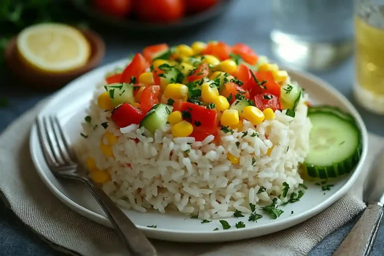 Reissalat Rezept in einer großen Servierschüssel mit buntem Gemüse und frischen Kräutern.