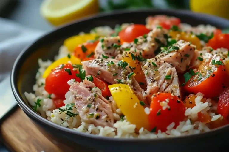 Reissalat mit Thunfisch in einer großen Servierschüssel mit frischem Gemüse und leichter Vinaigrette.