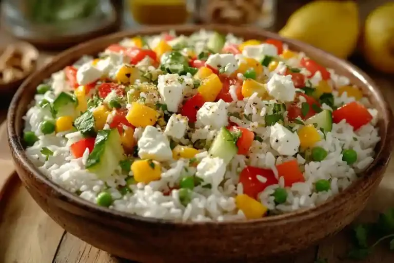 Ein farbenfroher Teller mit weltbester Reissalat, serviert mit frischen Zutaten wie Tomaten, Paprika, Gurke, Mais und Feta auf einem rustikalen Holztisch.