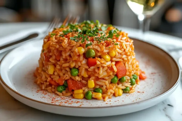 Ein elegant angerichteter Djuvec Reissalat mit einer würzigen Tomatensoße, garniert mit frischer Petersilie, serviert auf einem weißen Teller.