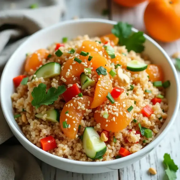 Ein farbenfroher Mandarinen Reissalat mit saftigen Mandarinen, knackigem Gemüse, gerösteten Nüssen und Sesam, angerichtet in einer stilvollen Schale.