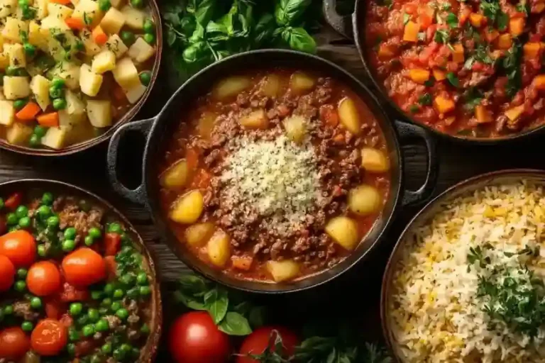 Verschiedene One Pot Gerichte mit Fleisch, darunter cremige Pasta, bunter Reis mit Hähnchen und herzhafter Kartoffel-Eintopf in rustikalen Töpfen.