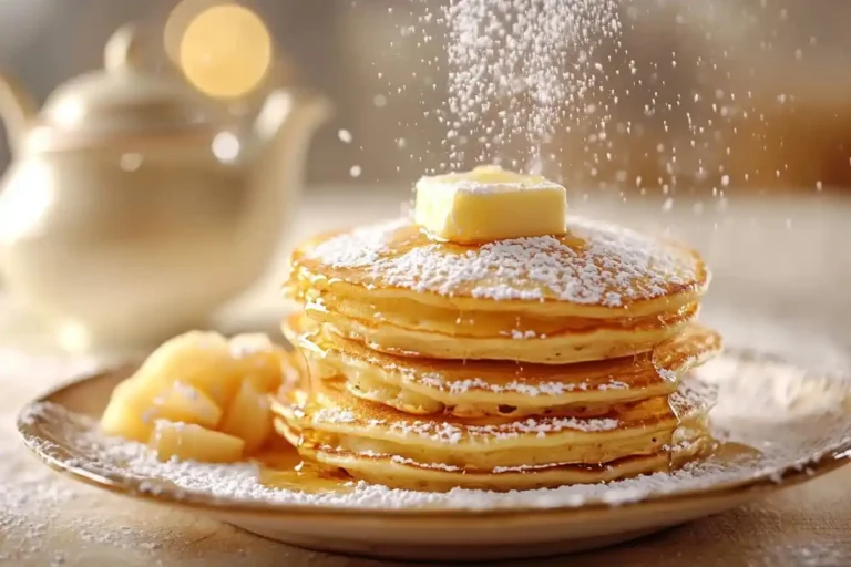 Ein Stapel goldbrauner Pfannkuchen nach dem Pfannkuchen Rezept Oma, serviert mit Apfelmus und Zimt.