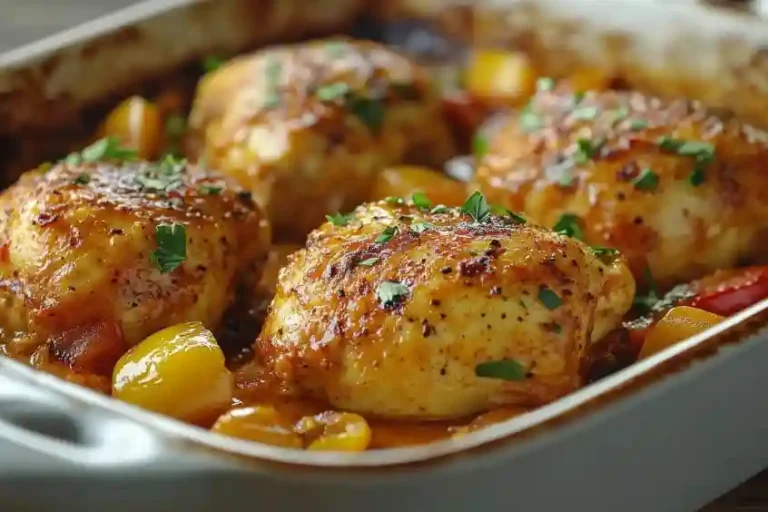 Paprika Sahne Hähnchen Ofen mit cremiger Soße und Paprikastreifen in einer Auflaufform, frisch serviert.