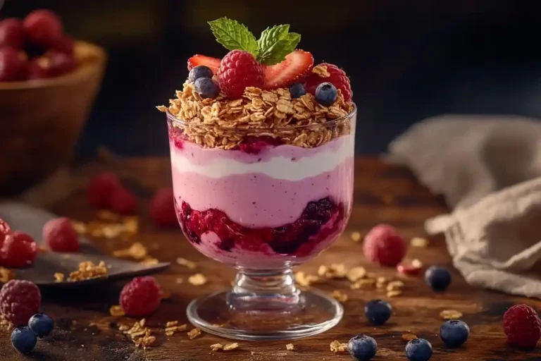 Fruchtiges Beeren-Schichtdessert im Glas mit Erdbe beeren, Himbeeren und Blaubeeren – ein erfrischendes Desserts im Glas zum Vorbereiten.