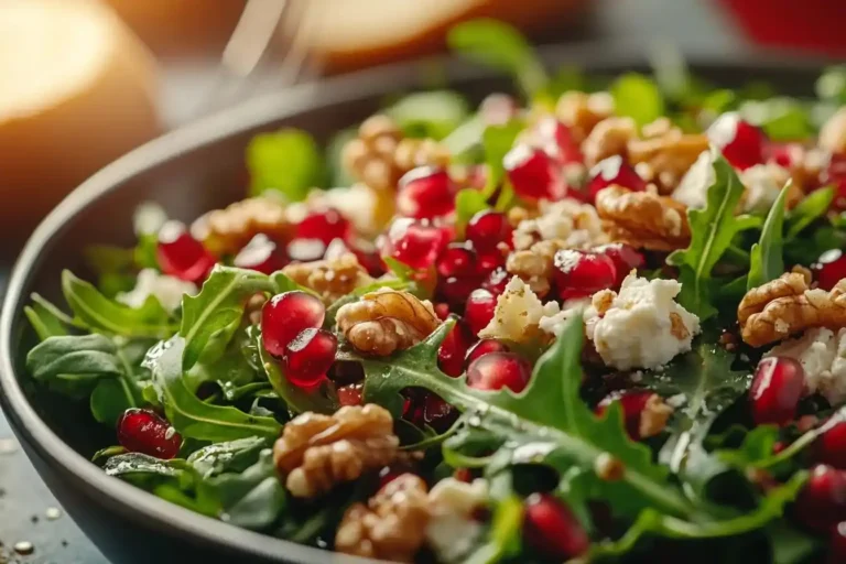 Frischer Salat mit Granatapfel, Ziegenkäse, Walnüssen und Granatapfeldressing, serviert in einer großen Schüssel.