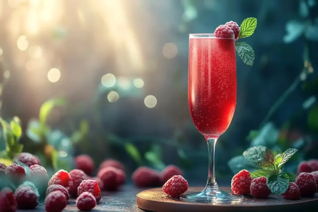 Alkoholfreier Aperol, A sleek champagne flute filled with red raspberry spritz, garnished with fresh raspberries and mint.