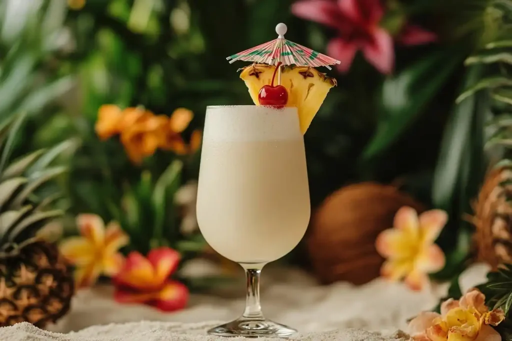 Alkoholfreie Cocktails. Virgin Piña Colada in a hurricane glass, topped with a pineapple slice and cherry, set against a tropical beach background.