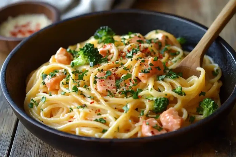 Elegant servierte Pasta Brokkoli Italienisch auf weißem Keramikteller mit Parmesan, Olivenöl und frischen Basilikumblättern.