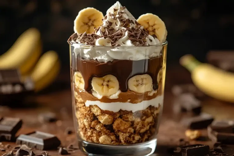 Schoko Bananen Dessert im Glas mit Kekskrümeln und Schokosahne ein himmlisches schnelles Dessert im Glas.