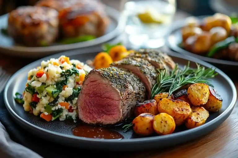 Festlich gedeckter Tisch mit köstlichen hauptgerichte mit fleisch für gäste, darunter Rind, Hähnchen und Beilagen.