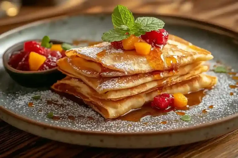 Pfannkuchen ohne Milch mit Beeren und Ahornsirup serviert.