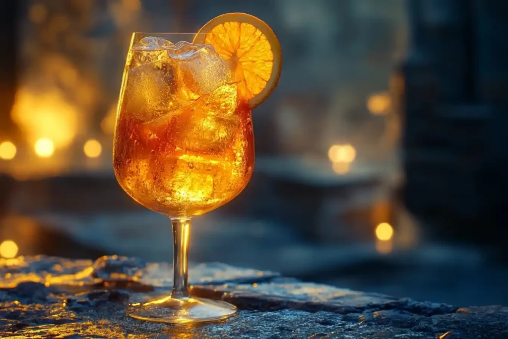 A wine glass with vibrant orange Aperol spritz, garnished with an orange slice and ice cubes.