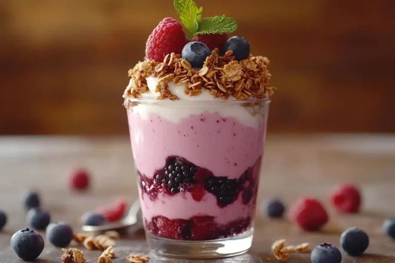 Schichtdessert mit Joghurt, frischen Beeren und Granola in einem Glas, dekoriert mit Minzblatt.