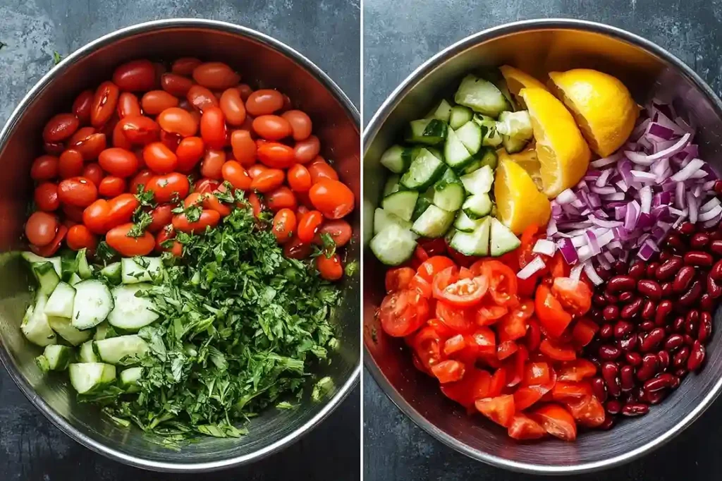 A bowl of kidney bean salad with chunks of red bell peppers, cucumbers, cherry tomatoes, and fresh parsley, dressed with olive oil and lemon juice