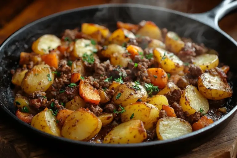 Kartoffel-Hackfleisch-Pfanne mit goldbraunen Kartoffelwürfeln, würzigem Hackfleisch und frischem Gemüse in einer schwarzen Pfanne, serviert auf einem Holztisch.