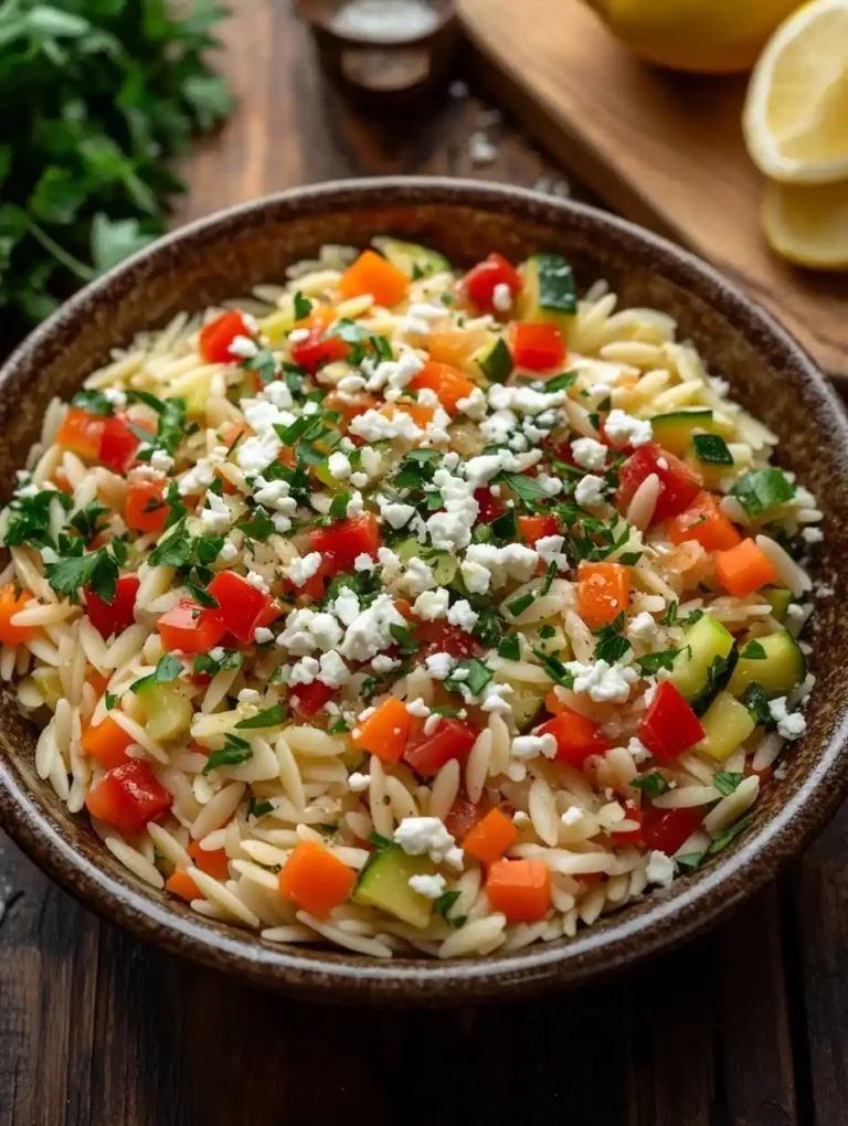 in rustikales Schüsselgericht mit perfekt gekochten Orzo Nudeln, frischen gewürfelten Zucchini, Paprika und Karotten, garniert mit zerbröseltem Feta und frischen Kräutern. Serviert auf einem Holztisch mit Zitronenscheiben und Olivenöl im Hintergrund.