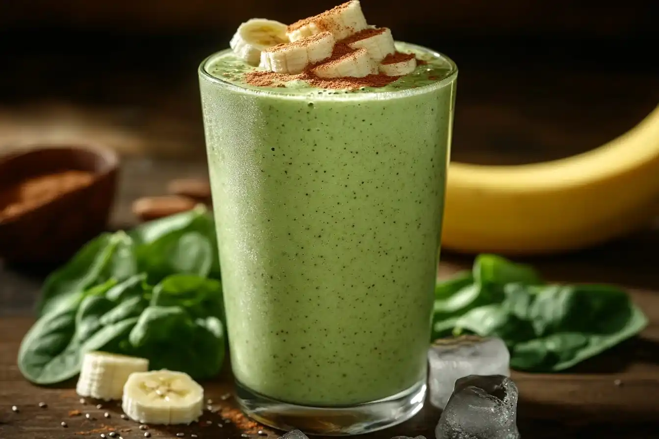 Erfrischend Spinat Smoothie: Erfrischend Spinat Smoothie: Ein cremiger Spinat-Bananen Smoothie in einem Glas, garniert mit Chia-Samen und einer Prise Zimt, serviert auf einem Holztisch mit frischem Spinat und Banane im Hintergrund.