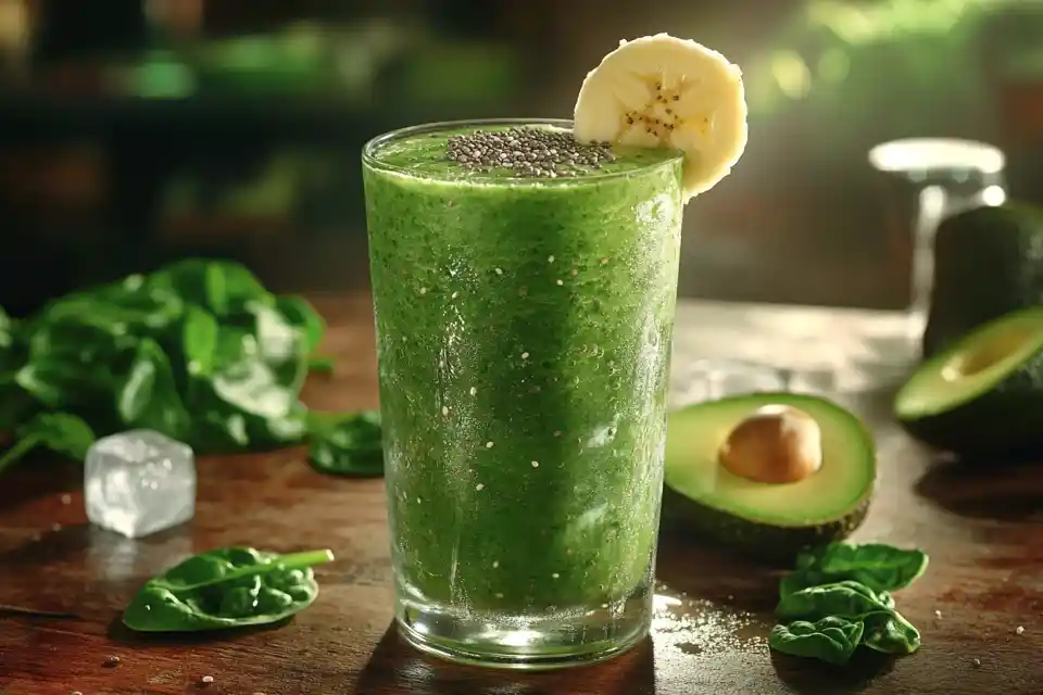 Spinat Smoothie: Ein cremiger grüner Smoothie in einem Glas, garniert mit Chiasamen, serviert auf einem Holztisch mit frischem Spinat, Bananen und einer Avocado im Hintergrund.