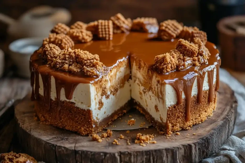 Cremiger Biscoff Lotus Kuchen mit goldenem Keksboden, verziert mit geschmolzener Biscoff-Creme und Keksbröseln, auf einem rustikalen Holztisch serviert