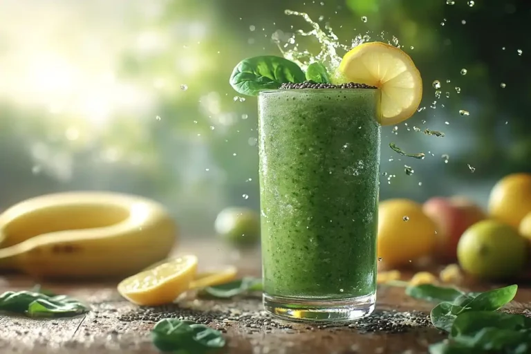 Vitaminkick Spinat-Smoothie , Ein cremiger grüner Smoothie mit frischem Spinat, Banane und Zitrone, serviert in einem Glas mit Chia-Samen und Minzblättern als Garnitur.