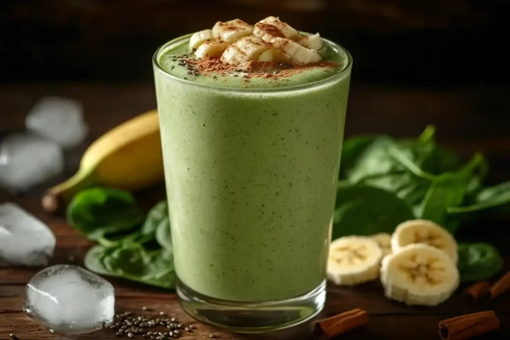 Erfrischend Spinat Smoothie: Ein cremiger Spinat-Bananen Smoothie in einem Glas, garniert mit Chia-Samen und einer Prise Zimt, serviert auf einem Holztisch mit frischem Spinat und Banane im Hintergrund.