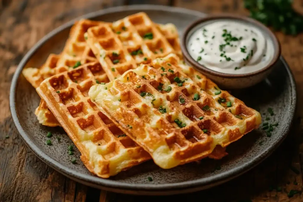 Käsewaffeln ,Knusprige, goldbraune Käsewaffeln, frisch aus dem Waffeleisen, serviert mit einem cremigen Dip und garniert mit frischen Kräutern auf einem rustikalen Teller.