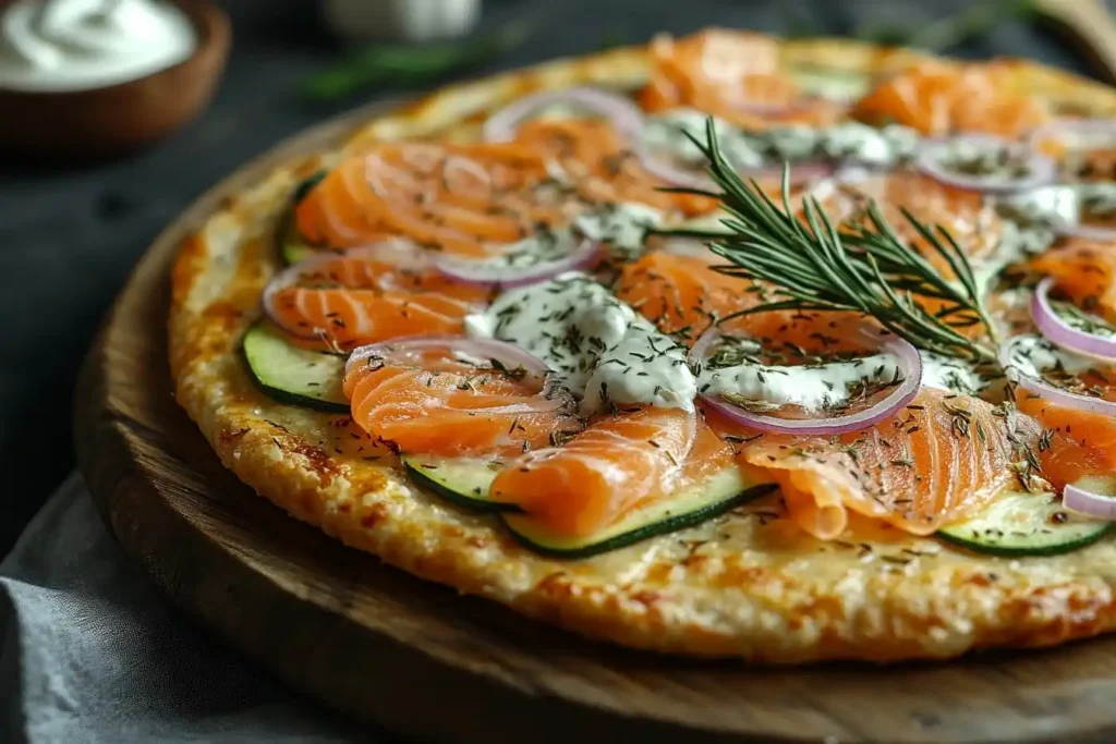 Knuspriger Low Carb Flammkuchen mit cremigem Belag, frischen Zwiebeln und Räucherlachs – eine gesunde Alternative zum Klassiker