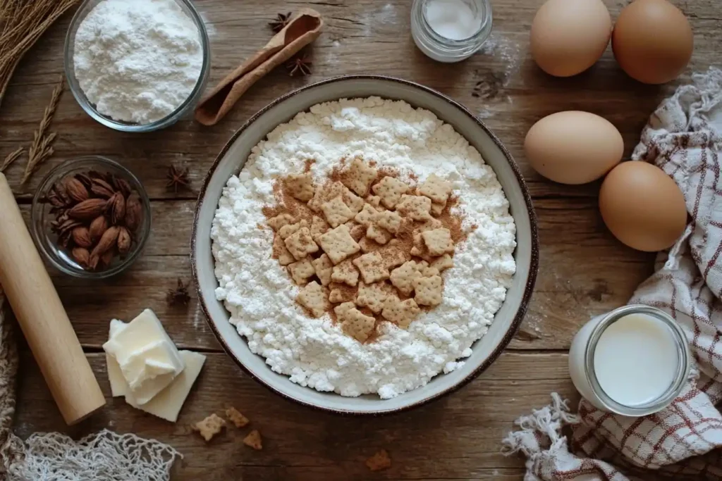 Ein frisch gebackener Spekulatius-Kuchen mit goldbrauner Kruste, bestäubt mit Puderzucker, serviert auf einem rustikalen Holztisch mit weihnachtlicher Dekoration