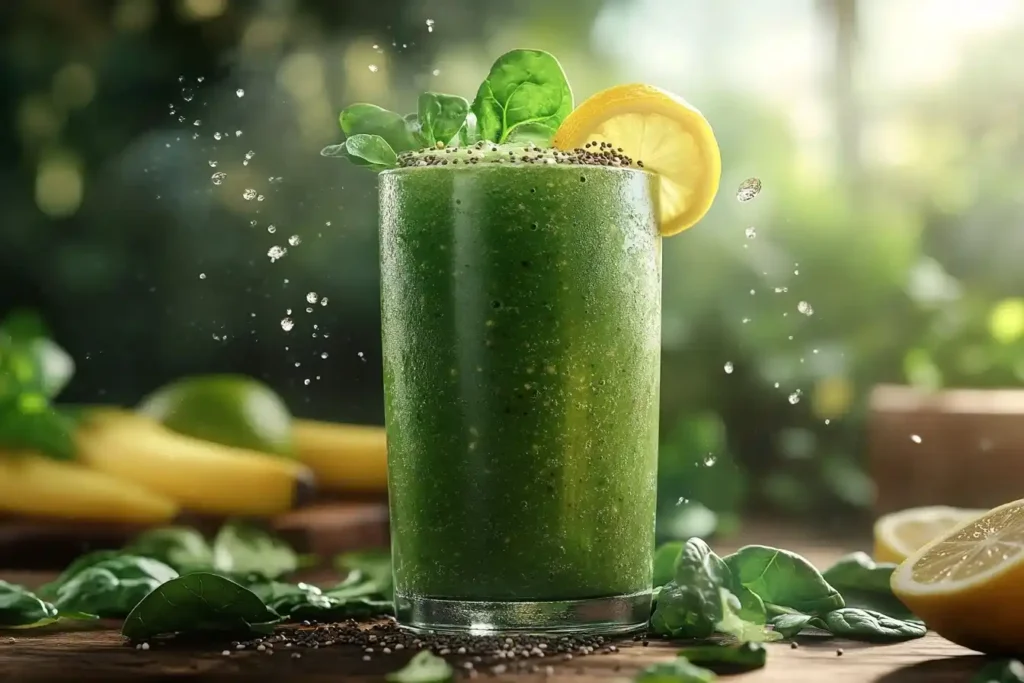 Vitaminkick Spinat-Smoothie , Ein cremiger grüner Smoothie mit frischem Spinat, Banane und Zitrone, serviert in einem Glas mit Chia-Samen und Minzblättern als Garnitur.