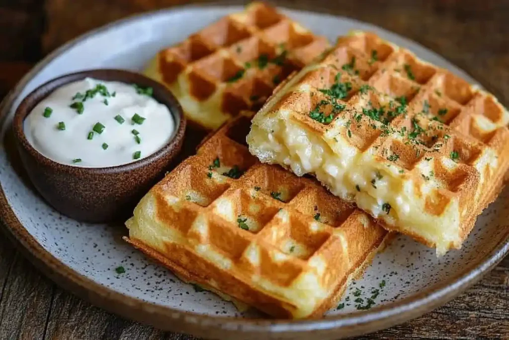 Käsewaffeln ,Knusprige, goldbraune Käsewaffeln, frisch aus dem Waffeleisen, serviert mit einem cremigen Dip und garniert mit frischen Kräutern auf einem rustikalen Teller.