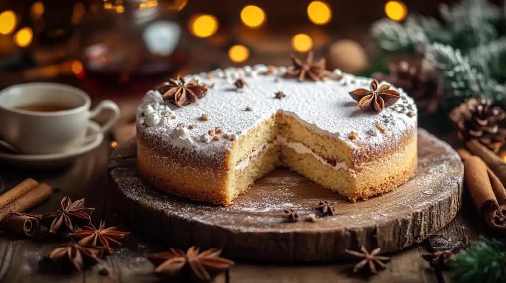 Ein frisch gebackener Spekulatius-Kuchen mit goldbrauner Kruste, bestäubt mit Puderzucker, serviert auf einem rustikalen Holztisch mit weihnachtlicher Dekoration