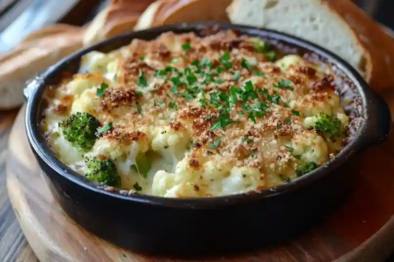 Fertiger Blumenkohl Brokkoli Auflauf mit knusprigem Käse und frischen Kräutern auf einem Holztisch