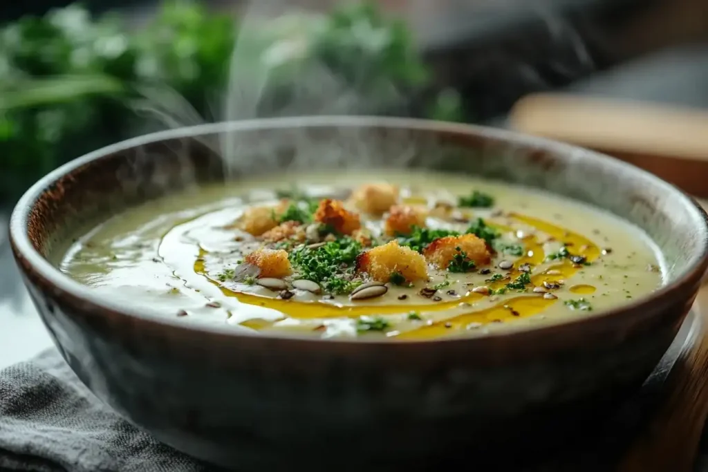 Cremige Brokkoli-Creme-Suppe in weißer Keramikschale mit Olivenöl-Spritzern und goldenen Croutons, natürlich beleuchtet.