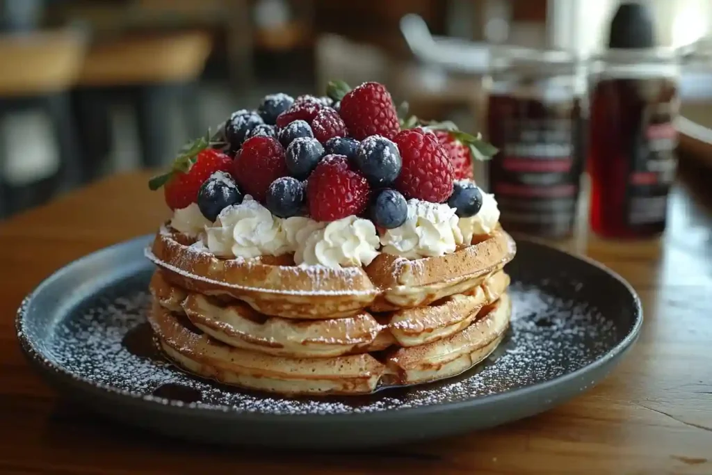 Gesunde Low-Carb-Waffeln mit Erdbeeren, Blaubeeren und Sahne – ein köstliches Frühstück