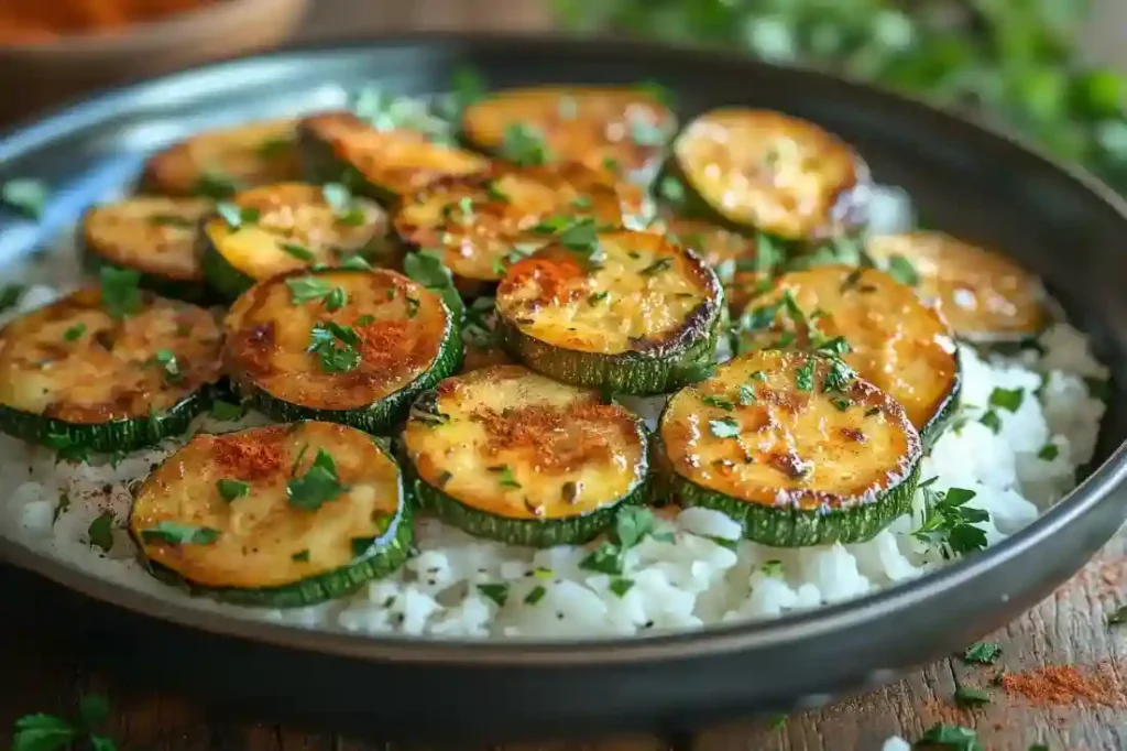 Zucchini-Pfanne mit Reis, garniert mit Petersilie und Paprika, auf einem rustikalen Holztisch