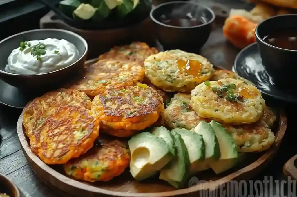 Zucchini-Karotten-Puffer auf einem weißen Teller mit Petersilie und Joghurt garniert