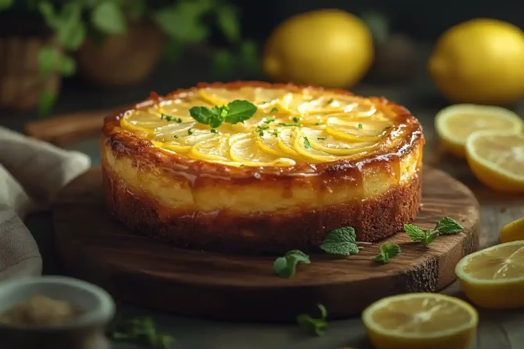 Fertiger Zitronenkuchen Thermomix mit glasigem Zitronenguss und frischen Zitronenscheiben.