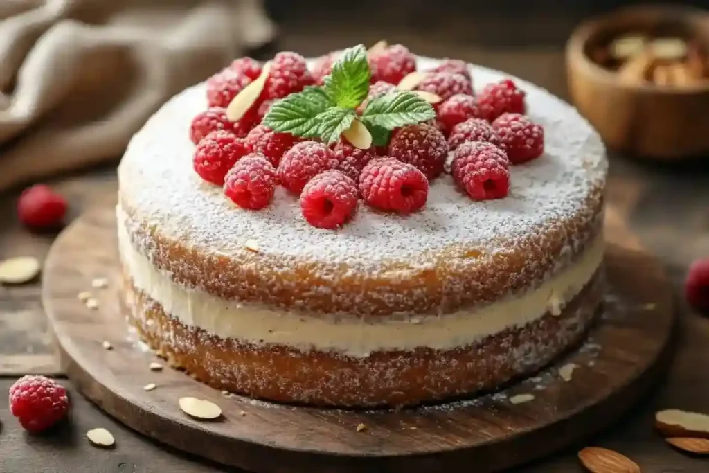 Dekorierter Kuchen mit Marzipan und Goldpulver auf einer weißen Serviette