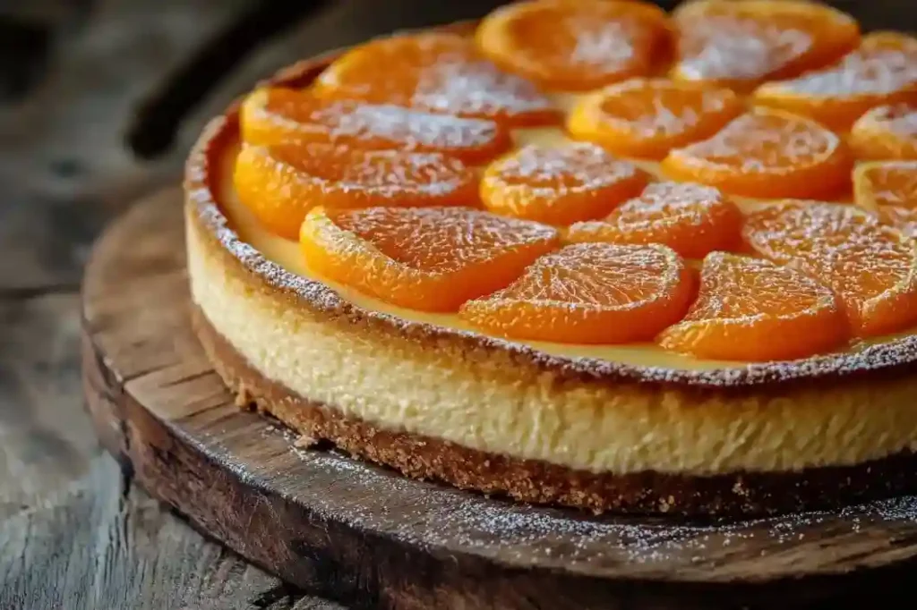 Käse-Mandarinen-Kuchen mit goldenem Rand und cremiger Oberfläche