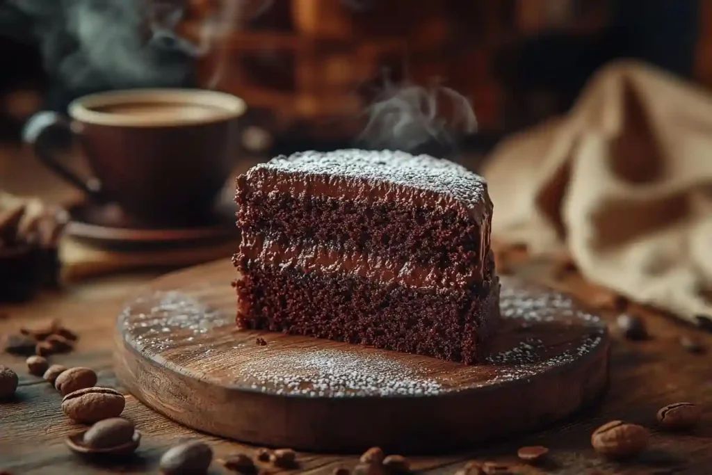 Ein frisch gebackener schneller veganer Kuchen, dekoriert mit Puderzucker, auf einem Holzbrett, mit einer herausgeschnittenen saftigen Kuchenscheibe.