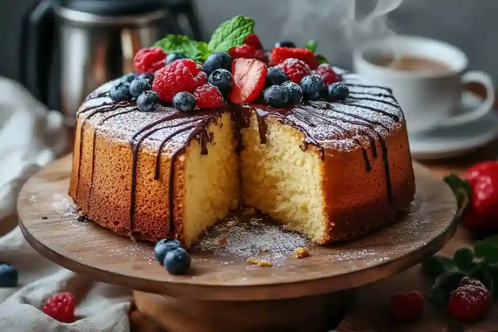 Schnellen Kuchen Thermomix auf einem Holzständer, dekoriert mit Schokolade, Beeren und Minzblättern, mit einem angeschnittenen Stück.