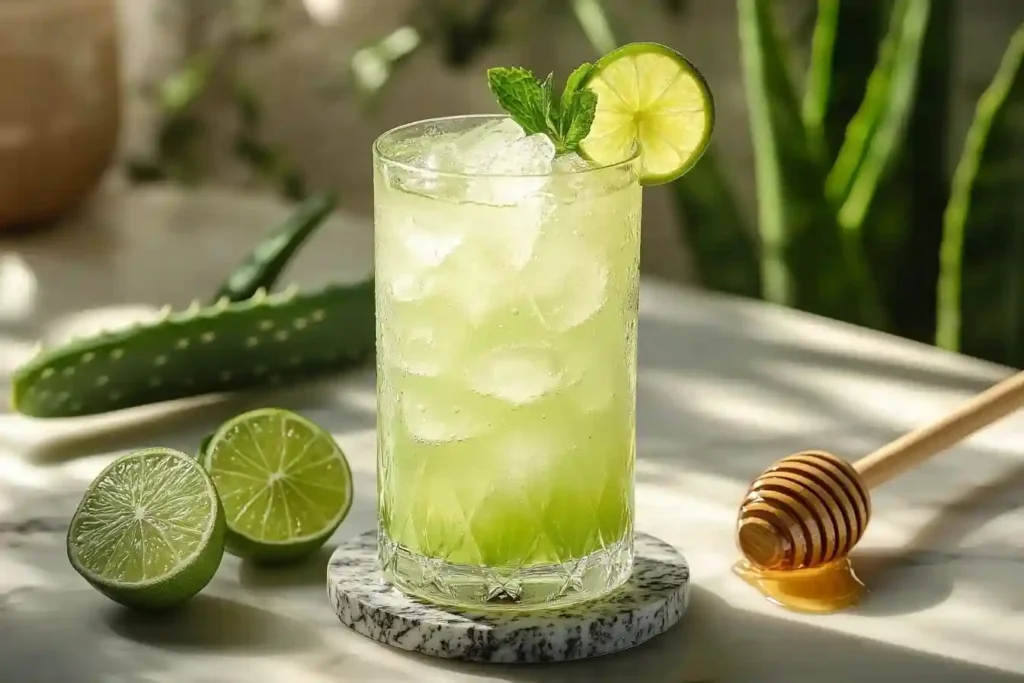 Fertiges Aloe Vera Getränk mit Limette, Honig und Eiswürfeln, serviert in einem stilvollen Glas auf einem Marmortisch.