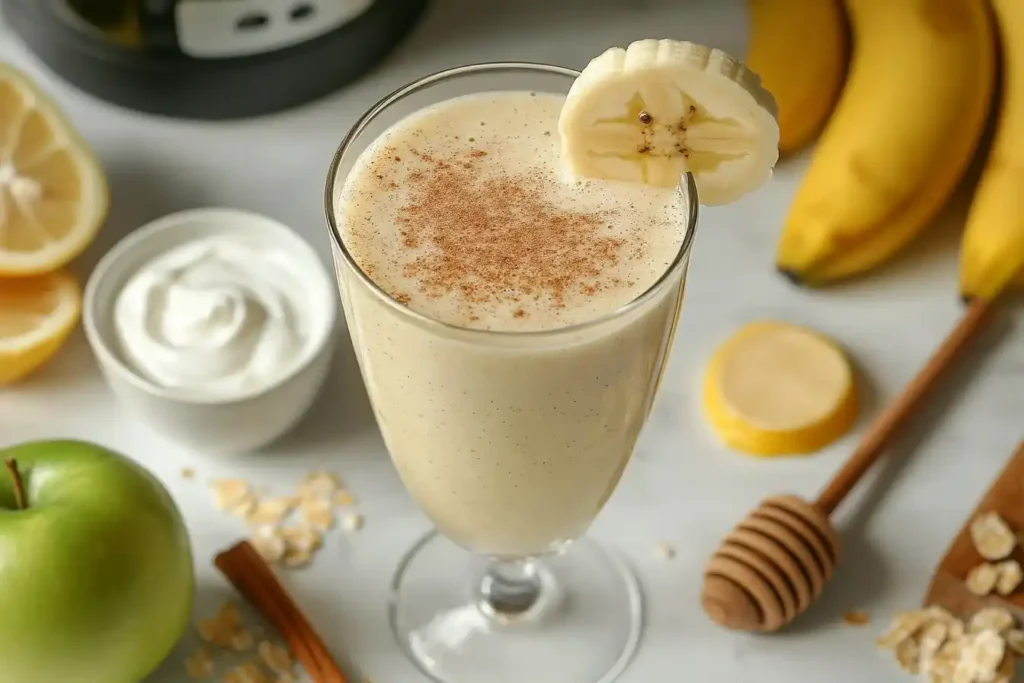 Apfel-Bananen Smoothie in einem Glas mit frischen Zutaten wie Apfel, Banane, Joghurt und Honig auf weißer Arbeitsplatte.