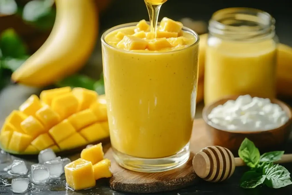 Mango-Bananen Smoothie in einem Mason Jar mit Strohhalm, umgeben von Mango, Banane, Joghurt und Kokosraspeln auf einer Holzarbeitsplatte.