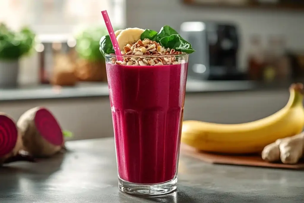 Rote Bete Smoothie wird aus einem Mixer in ein Glas gegossen, mit frischen Zutaten wie Apfel, Banane und Spinat daneben.