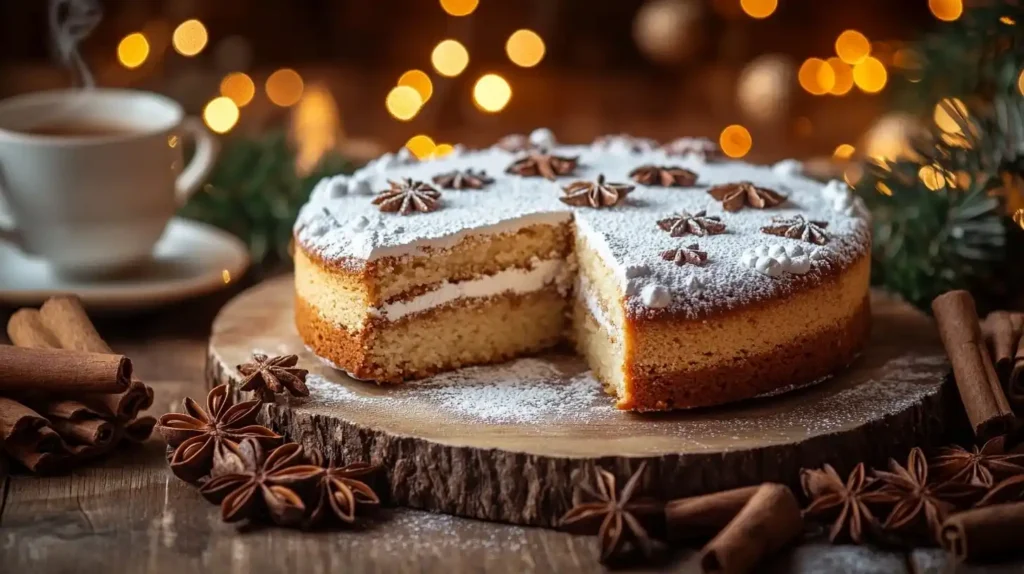 Ein frisch gebackener Spekulatius-Kuchen mit goldbrauner Kruste, bestäubt mit Puderzucker, serviert auf einem rustikalen Holztisch mit weihnachtlicher Dekoration