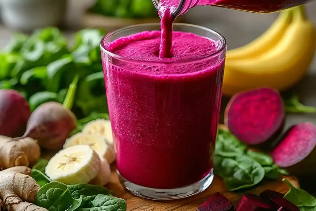 Cremiger Rote Bete Smoothie in einem hohen Glas mit Banane, Apfel, Spinat und Joghurt auf einer Küchenarbeitsplatte.